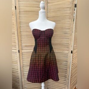 bebe Strapless Houndstooth Dress in Fuchsia Orange Black - body con sheer panels